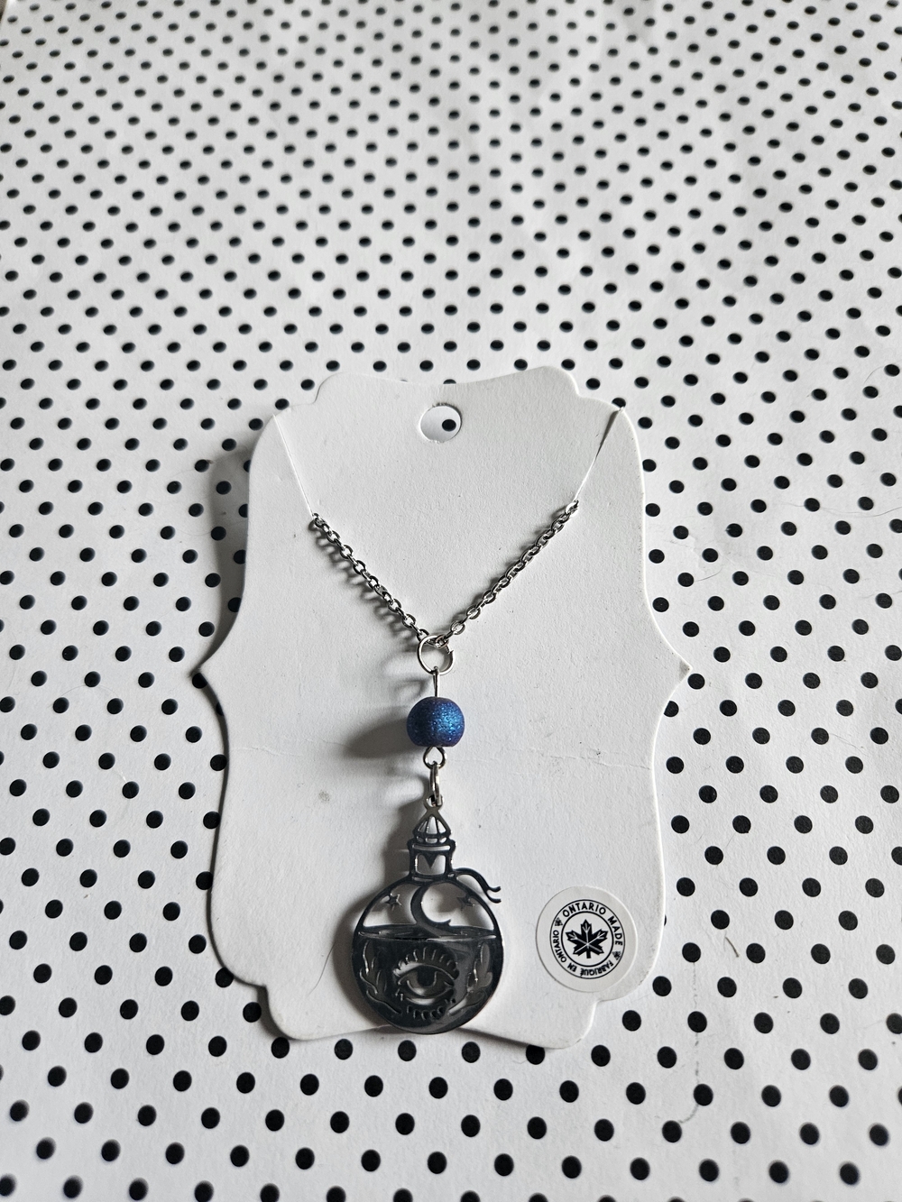 Potion Bottle Silver-tone Laser Cut Necklace with Blue Bead